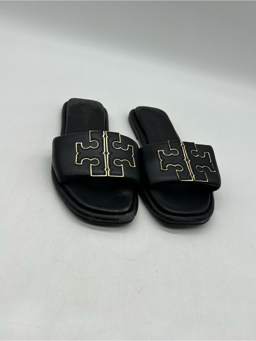 Tory Burch Double T Womenโs Sz 7 Black Leather Sport Slide Sandals Shoes